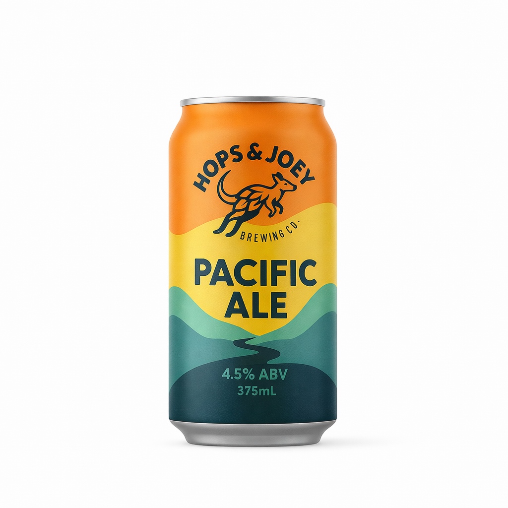 Beer can labeled 'Hops & Joez Brewing Co. Pacific Ale' on a white background