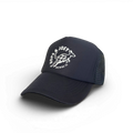 Black visor cap with white logo on a white background