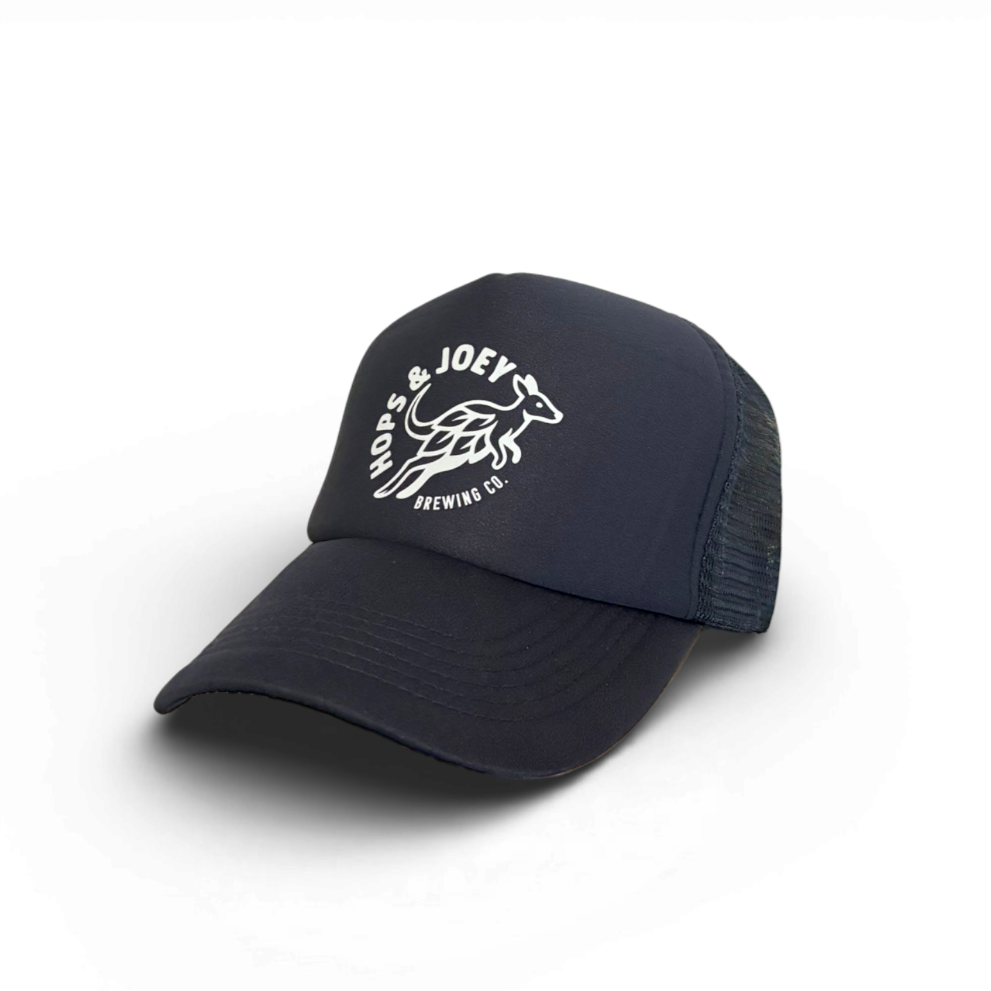 Black visor cap with white logo on a white background