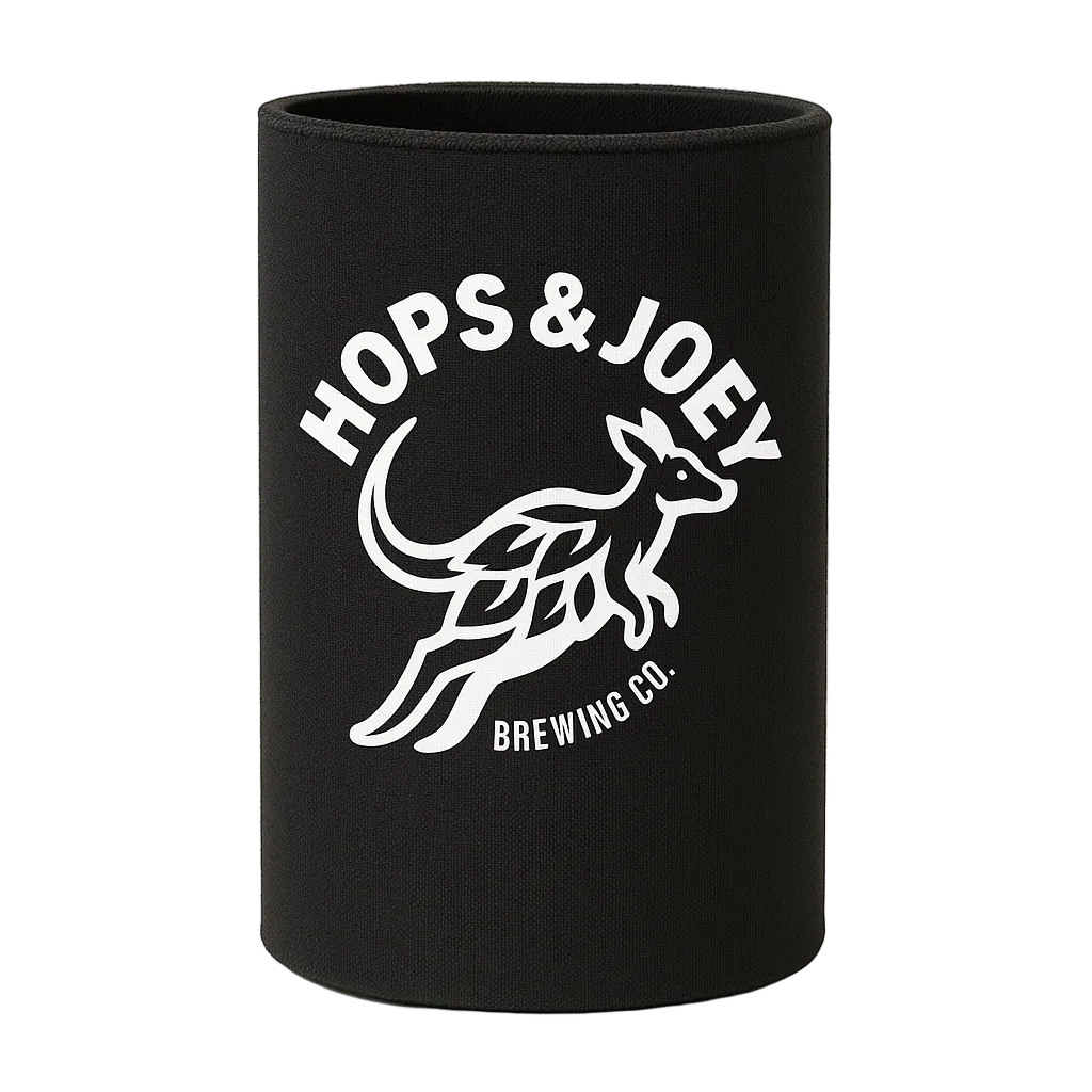Black can cooler with 'Hops & Joey Brewing Co.' logo on a white background