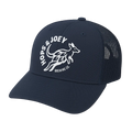 Navy blue cap with white logo on a light beige background