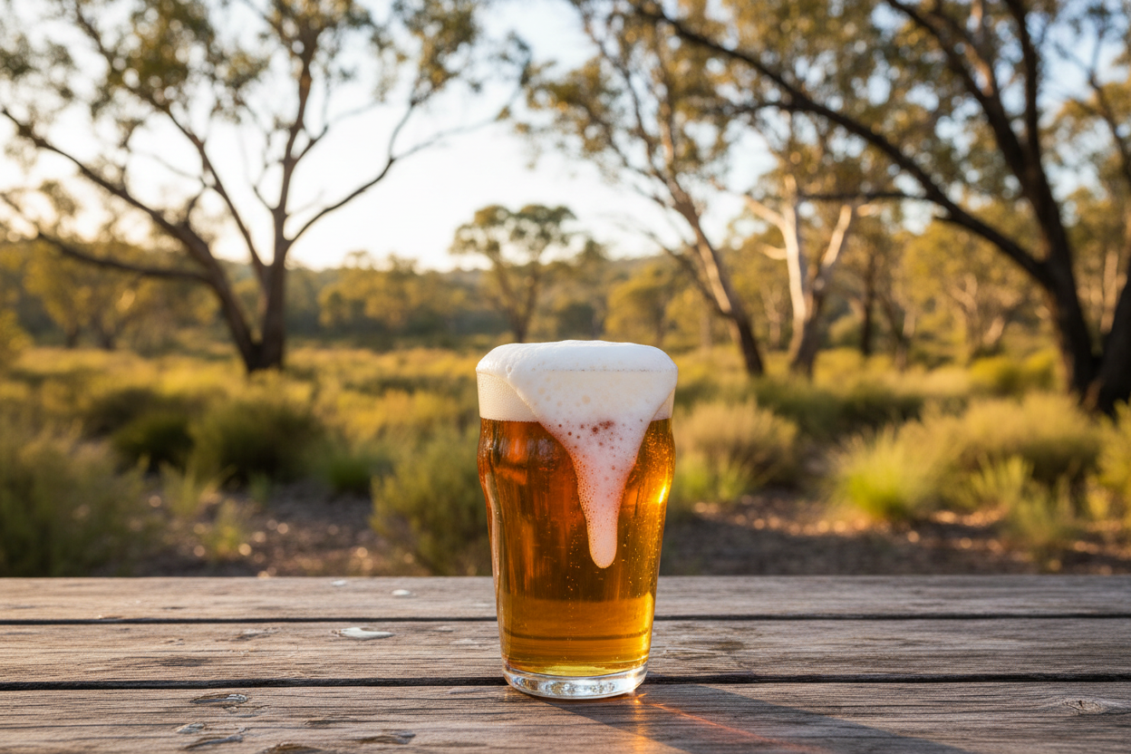 Craft beer in schooner glass with Australian bush
